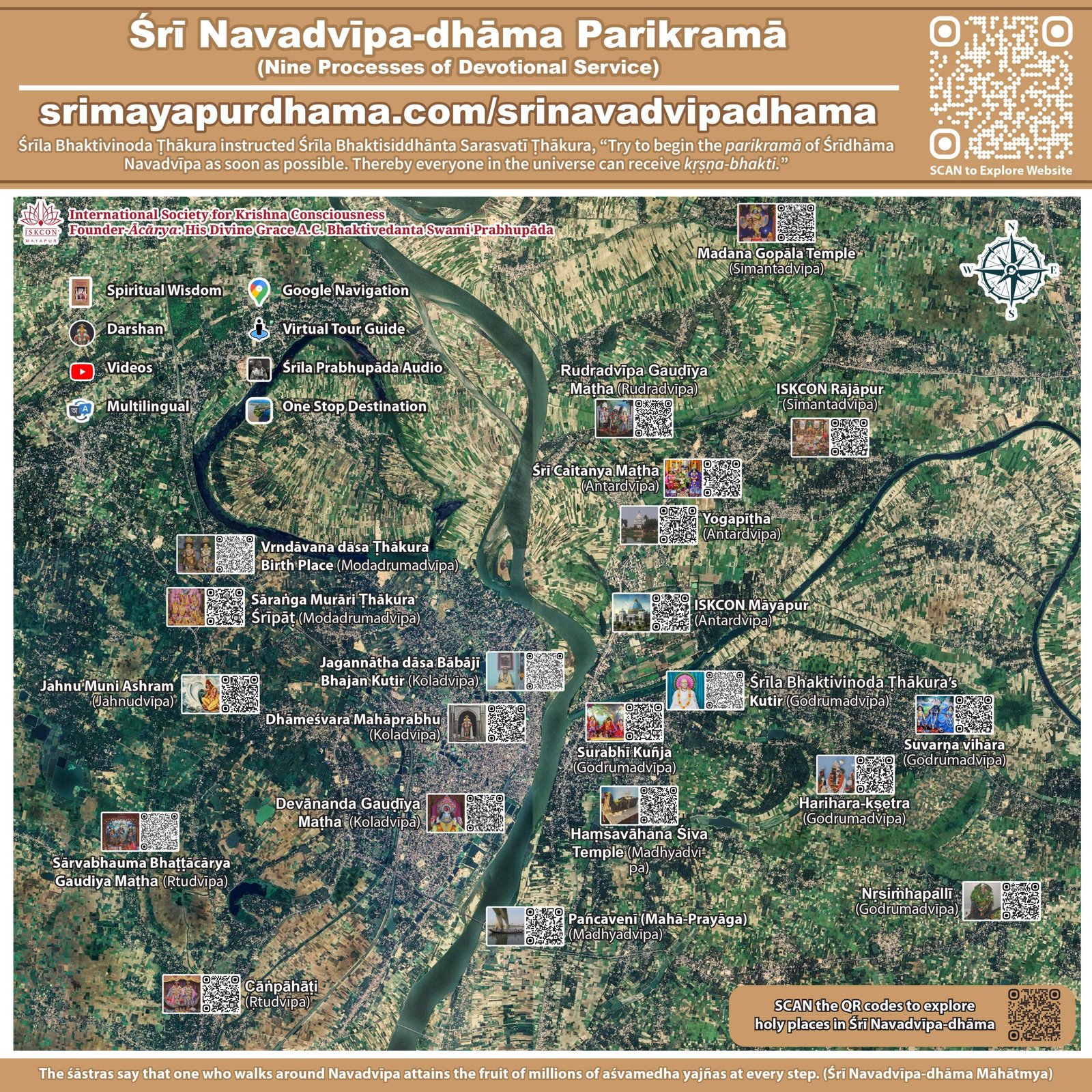 ISKCON Mayapur campus map showing temples, guesthouses, prasadam halls, and facilities